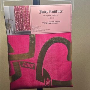 Juicy Couture Pink Gold Metallic Logo Shower Curtain + Hooks NWT Glam Bath